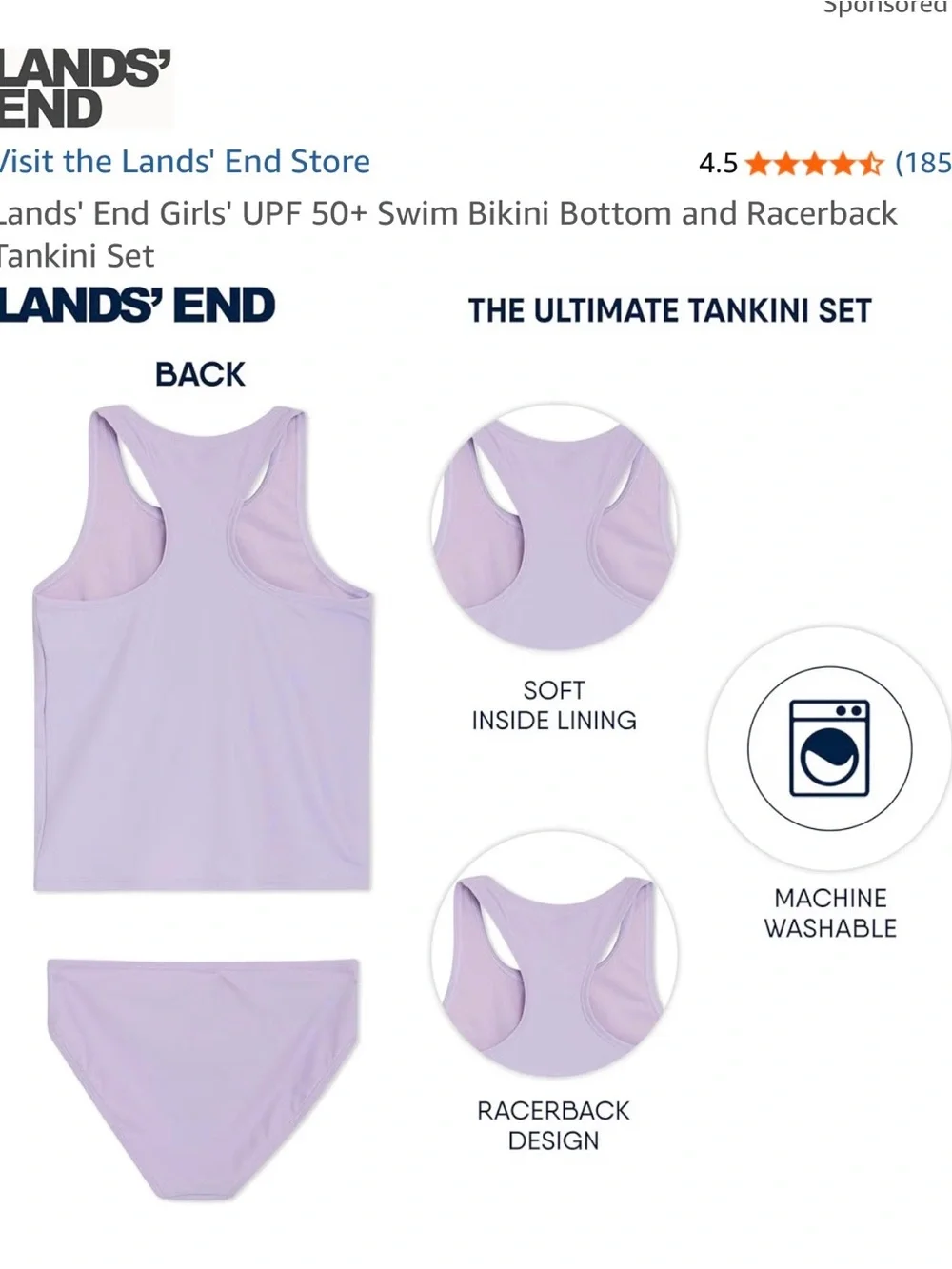 Lands' End Girls' Lilac Racerback Tankini Two-Piece Size 10-12 Large kids